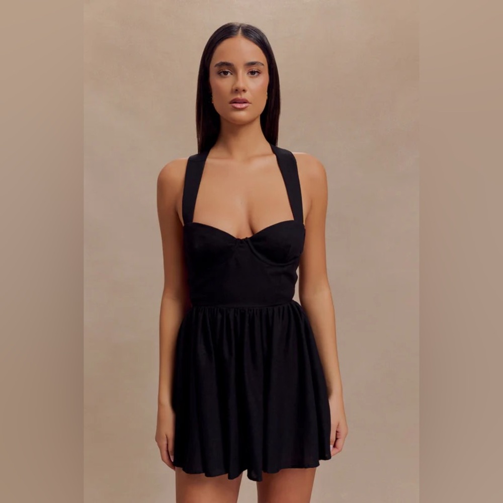 MESHKI Loz Tie Back Linen Mini Dress in Black Size Medium $135